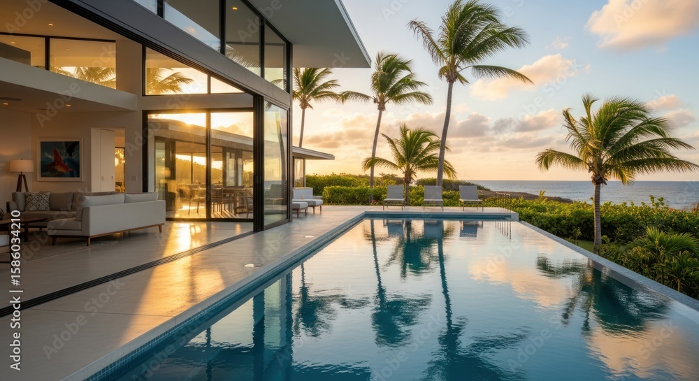 Obraz premium Modern house with a pool reflecting palm trees and a beautiful sunset over the ocean.