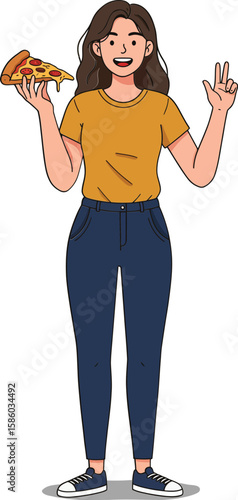 Young woman enjoying pizza slice standing showing peace sign in casual outfit vector illustration