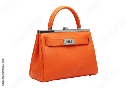 Elegant orange leather handbag with silver clasp and handle isolated on transparent background