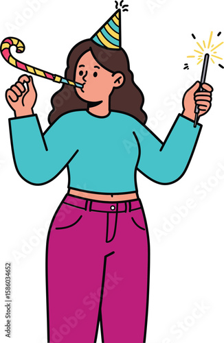 Woman celebrating with party hat, holding sparkler and blowing party horn in festive mood