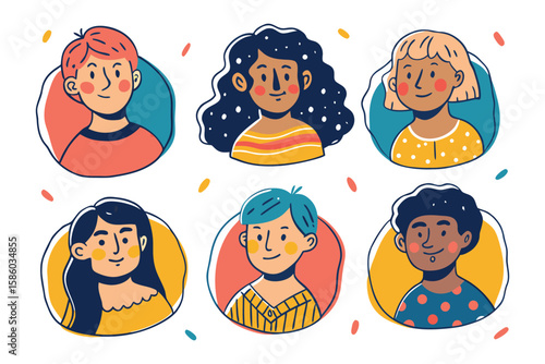 Diverse Group of Happy People: Six diverse individuals with unique hairstyles and skin tones radiate happiness and positivity in this cheerful illustration.