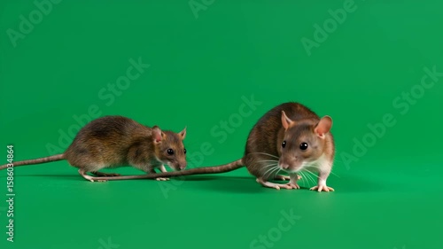 Mouse Duo on a Vivid Backdrop: Two small, agile mice engage in a playful moment against a striking green canvas, showcasing their natural curiosity and lively energy.