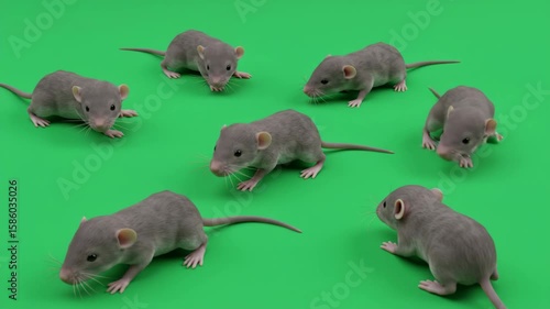 Grey Mice Cluster on Green: A delightful assembly of gray mice huddles together on a vibrant green surface, each tiny creature exuding curiosity and charm in this animal portrait.