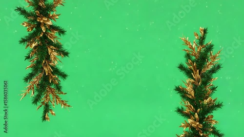 Festive Fir Tree Border on Green Backdrop: Lush branches of verdant fir, dusted with gold, frame a vibrant green expanse, evoking the spirit of festive holiday season.