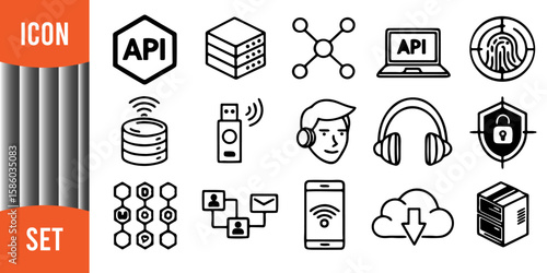 Minimalist Technology and Connectivity Icon Set – Bold Black Line Art Grid
