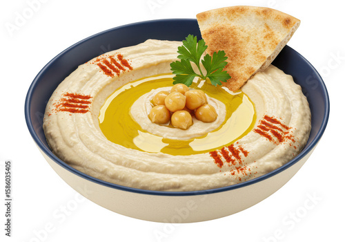 Creamy hummus dish with chickpeas olive oil paprika and pita bread isolated on transparent background