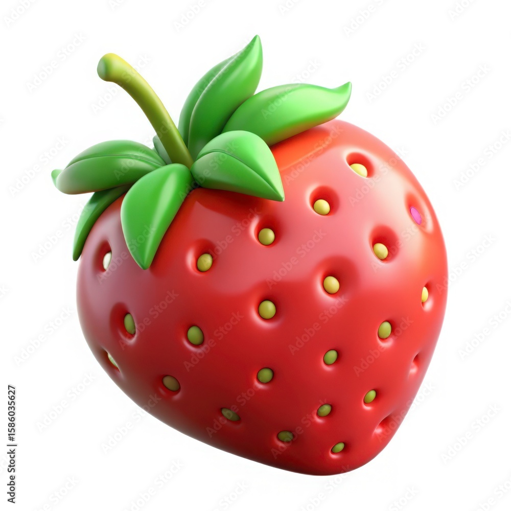 Obraz premium A single stylized strawberry with green leaves and yellow seeds on a white background studio shot