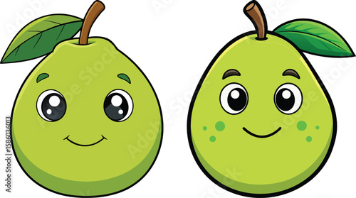 Two cute cartoon pears with happy faces and green leaves isolated on white background