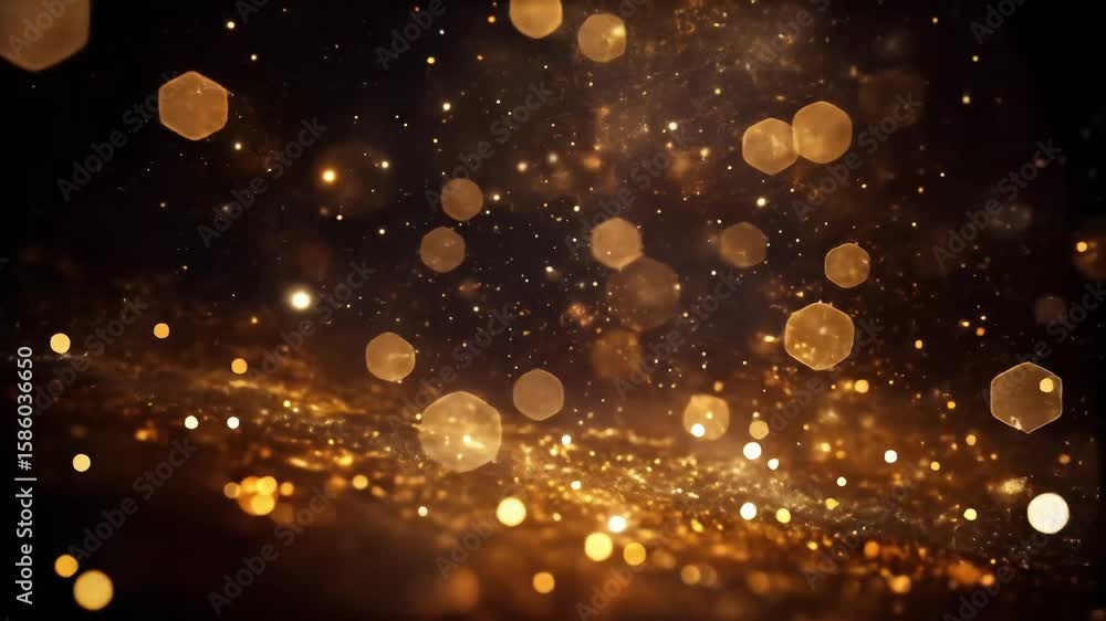 golden glitter and sparkling lights against a dark background. Perfect for adding a touch of elegance and celebration to your projects, this footage features a luxurious and festive mood golden glitter and sparkling lights against a dark background. Perfect for adding a touch of elegance and celebration to your projects, this footage features a luxurious and festive mood