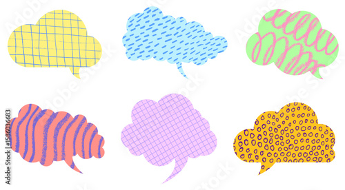Six cloud-like speech bubbles in bright colors and playful textures, ideal for creative designs.