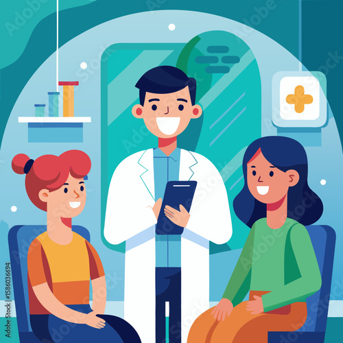 A Cheerful Doctor Consults with Two Smiling Patients in a Modern Medical Office Setting Creating a Positive and Reassuring Healthcare Experience with a Focus on