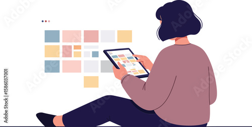 Woman sitting on floor using digital tablet with colorful interface and casual clothing vector illustration