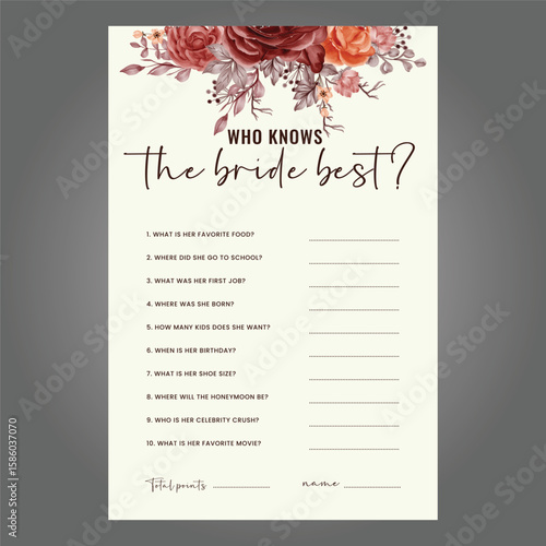 Guess Who knows the Bride best Game, Bridal Shower Games, Easy printable vector card template.