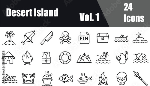 Desert Island Outline Line Icon Set