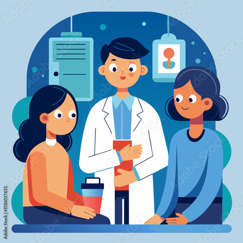Friendly Doctor Consulting with Two Female Patients in a Modern Medical Office Featuring Clean Lines Flat Design and a Calm Reassuring Atmosphere for Healthcare Illustration