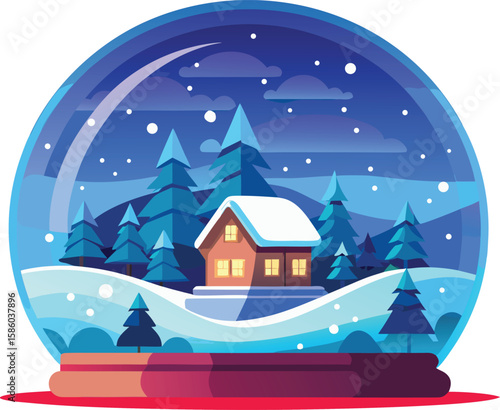 Snow Globe with Cozy Cabin in Winter Forest Scene Illustration
