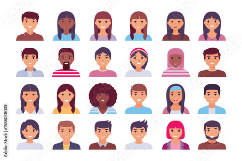 Diverse People Icons: A collection of diverse avatar icons representing people of various ethnicities, genders, and hairstyles. Perfect for website design, social media, or app interfaces.