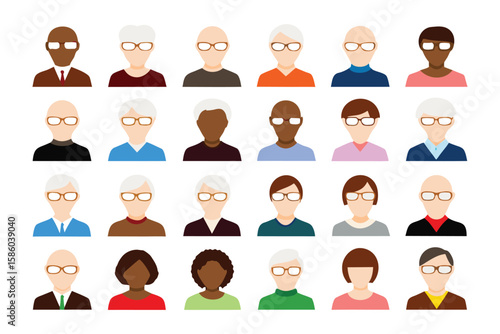 Diverse Portrait Set: A compelling collection of twenty-four diverse portraits, each showcasing a unique individual, with glasses, and clean minimal aesthetic, and celebrate variety and individuality.