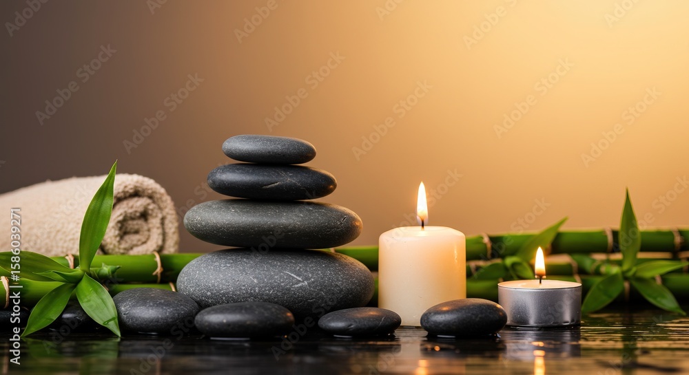 Obraz premium Zen stones are stacked beside lit candles and green bamboo for a spa and massage treatment promoting relaxation.