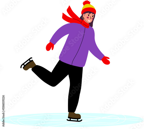 Young skater enjoying winter fun on the ice while wearing a colorful outfit, complete with a hat and scarf, in a cheerful atmosphere