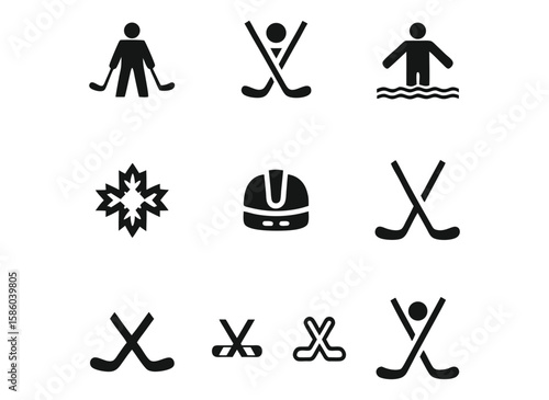 Photography Hockey stick and puck icon set vector silhouette sports symbols