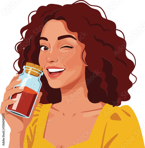 Woman with curly hair winking and holding a small bottle of liquid in yellow top vector illustration