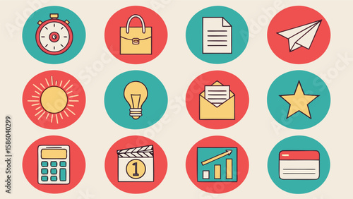 Collection of flat design icons representing business and finance concepts