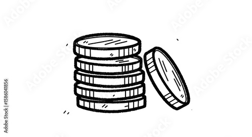Stack of coins in chalk drawing style on transparent background  