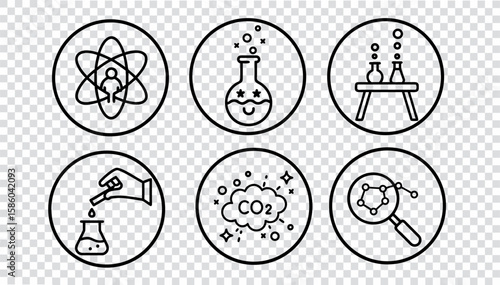 Kids chemistry icon set concept. Science experiments research lab in minimal outline style. Education science learning children book. Simple black line art design on transparent background vector