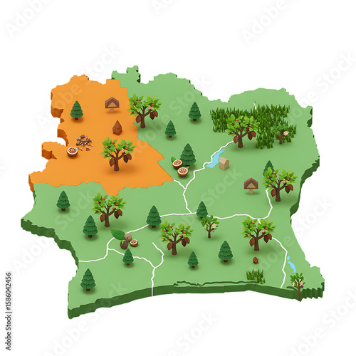 Wildlife map of Ivory Coast with trees and paths