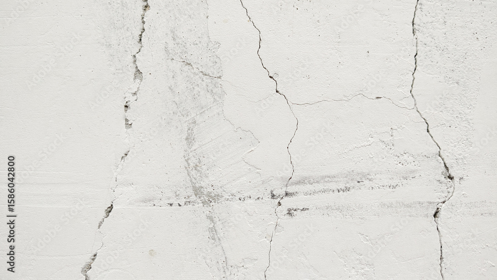 Fototapeta premium White Wall with Cracks, Damaged Surface Texture, Cracked Plaster Background