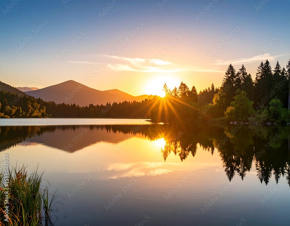 Fototapeta premium Serene sunset over a calm lake, mirrored in the water