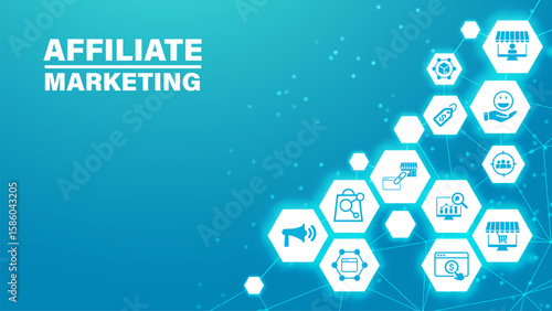 Affiliate marketing concept with icons. Pay per click, buyer, publisher, link, advertising, website, SEO, merchant. Web vector infographic