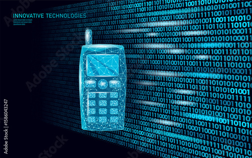 Old mobile phone illustration. Cellular telephone communication gadget polygonal art. Telecommunications history design nostalgia. Blue dark background low poly vector
