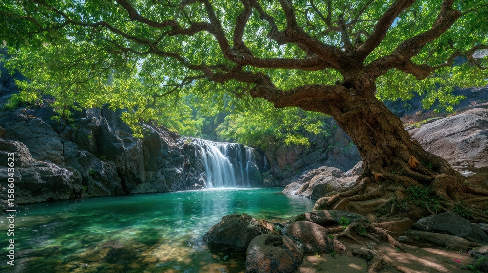 Fototapeta premium Cascading falls into a clear, teal pool, framed by a large tree with thick roots