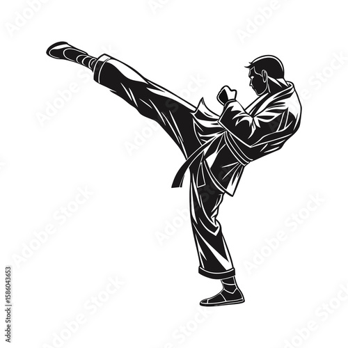 Martial Artist Performing High Kick Silhouette in Traditional Uniform