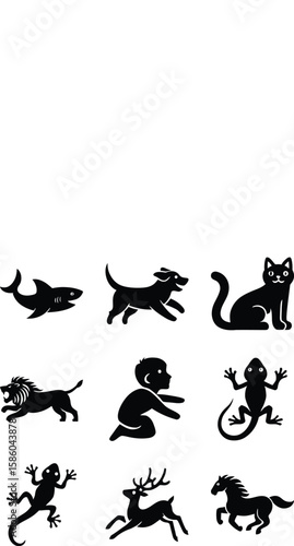 Collection of nine diverse animal and human silhouettes in a simple graphic style silhouette
