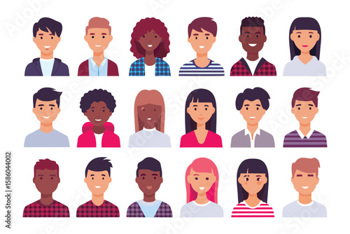 Diversity of Faces: A vibrant collection of stylized portrait icons showcases the beauty of human diversity, celebrating various ethnicities and backgrounds.