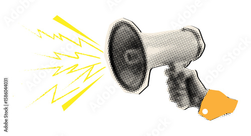 loudspeaker in hand in halftone style,collage magazine style,trendy collage design element in trendy magazine style
