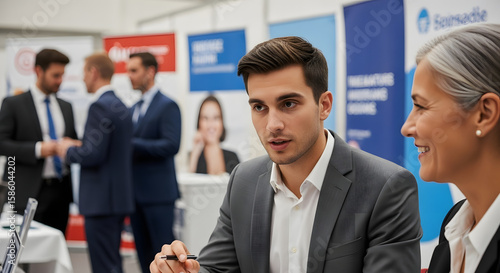 Young Businessman in Gray Suit Engaged in Conversation.