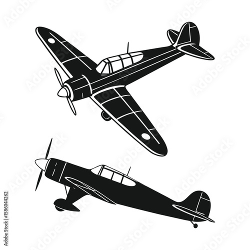 Vintage Propeller Airplane Silhouette Set – Retro Military Aircraft Illustration