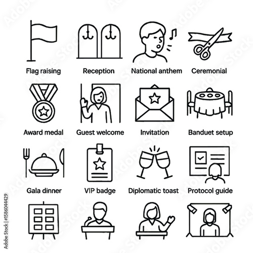 Diplomatic events and ceremonies line icons. flag raising, reception hall, national anthem, ceremonial ribbon, award medal, guest welcome, event
