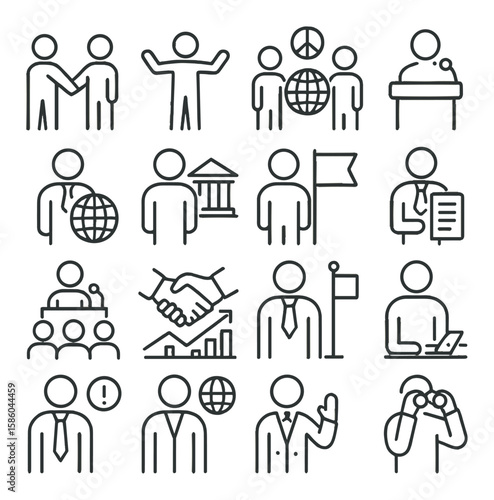Diplomatic roles and functions line icons. negotiator, mediator, peacekeeper, spokesperson, international advisor, cultural envoy, protocol