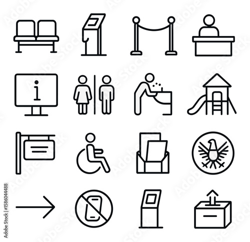Embassy public spaces and services line icons. waiting bench, ticket dispenser, queue line, help desk, informational screen, public restroom
