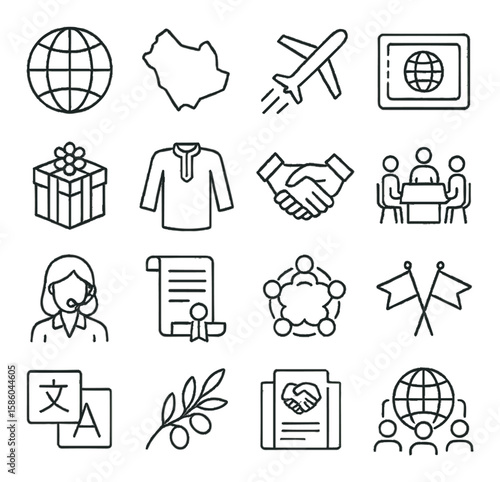 International relations objects line icons. globe, country border, plane travel, visa stamp, cultural gift, traditional clothing, cross-cultural