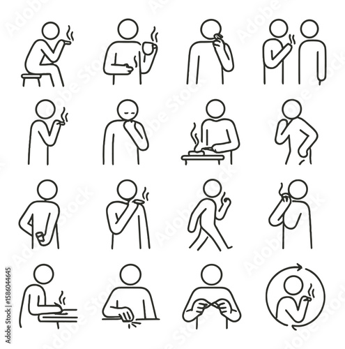 Behavioral patterns linked to nicotine line icons. smoking break, morning routine, hand-to-mouth habit, social smoking, solo smoking, stress