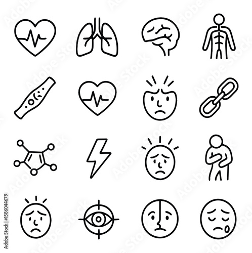 Effects of nicotine on the body line icons. heart, lungs, brain, nervous system, blood vessel, increased pulse, headache, addiction chain