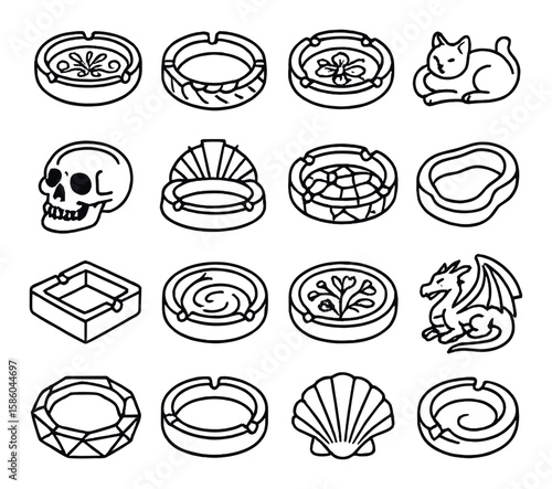 Decorative ashtrays line icons. ornate design, carved edge, floral pattern, animal shape, skull form, art deco style, mosaic finish, abstract