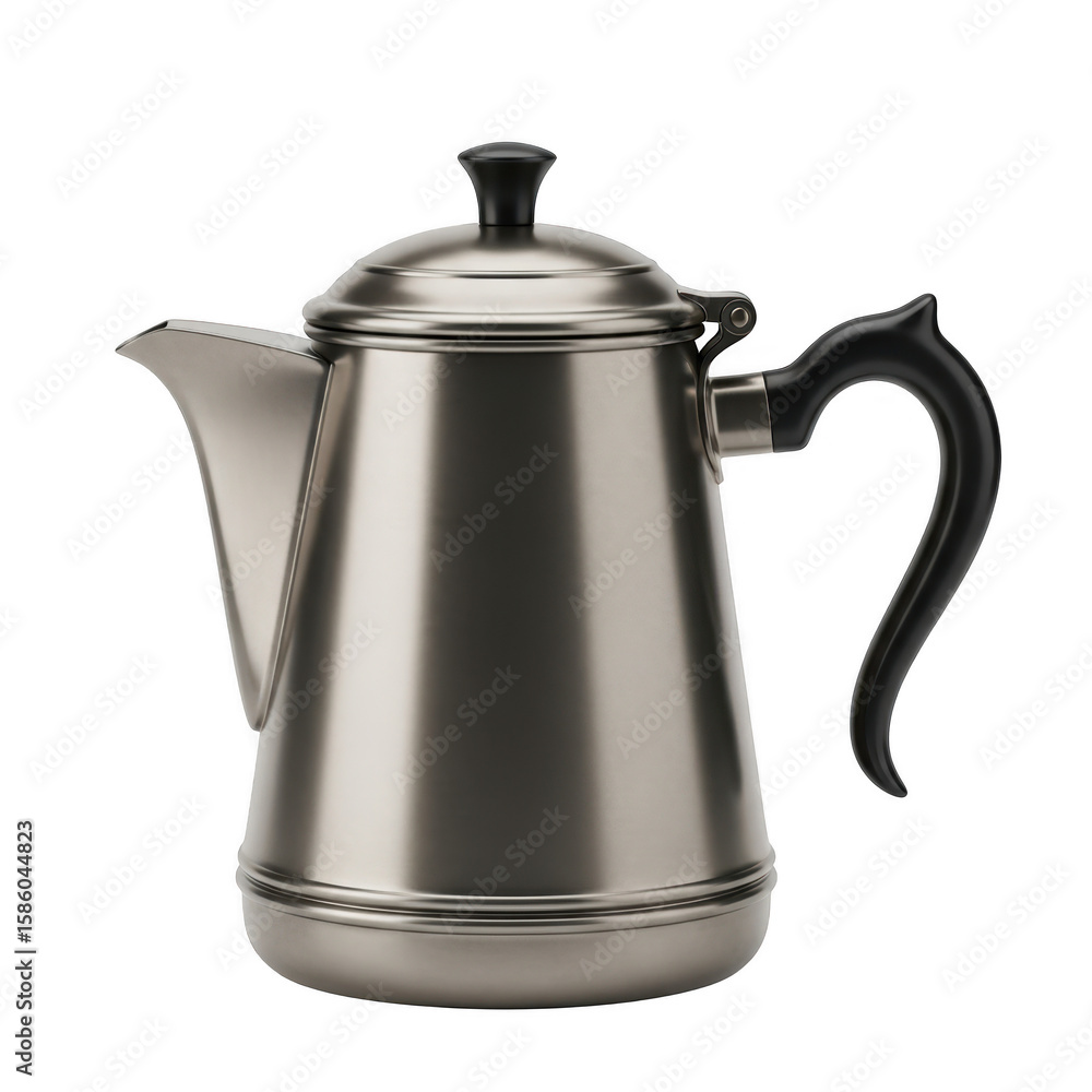 Fototapeta premium Stainless steel coffee pot with black handle isolated on transparent background