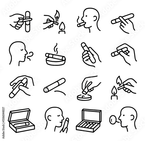 Cigar smoking rituals line icons. cutting cigar, lighting with match, puffing cigar, holding cigar, exhaling smoke, resting cigar in ashtray